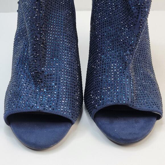 Gianni Bini Peep Toe Boots 11M Blue Suede Zip Rhinestone 3" Heel Party Holiday - Picture 9 of 16